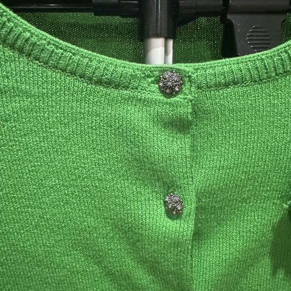 Green Cardigan Sweater Floral Appliqué Rhinestone Buttons Large Romantic Preppy - Picture 5 of 8